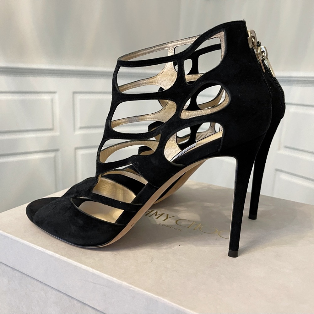 Jimmy Choo Ren Caged Cutout Zip Suede Heel Sandals